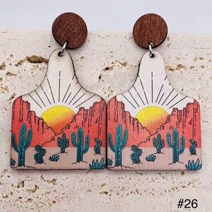 #26 | Desert Sunset Painted Wooden Cow Tag Post Dangle Earrings Cow 🏜️
